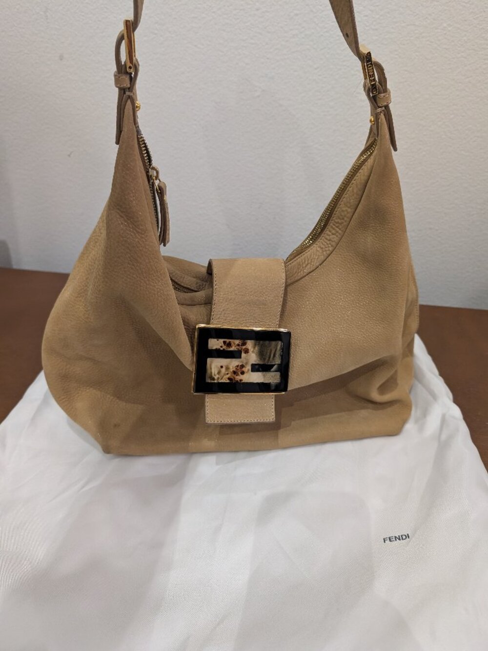 Fendi Tan Leather Slouchy Shoulder Bag FF Buckle Flap Tortoise Chain Strap